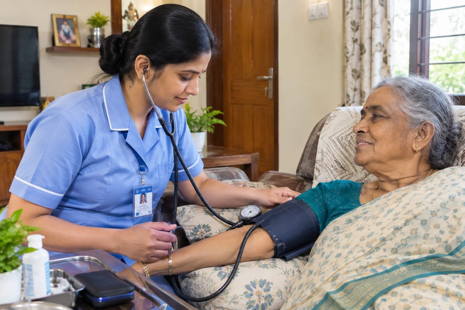 Nurse providing home health care to an elderly patient