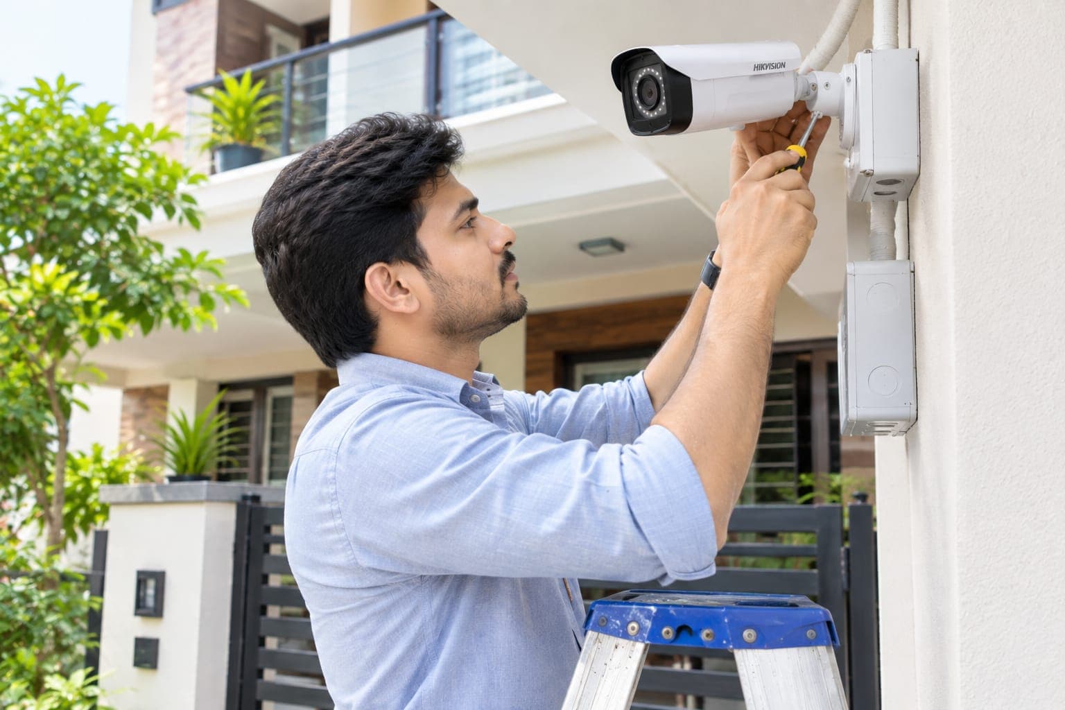 Technician installing a CCTV security camera on a residential building