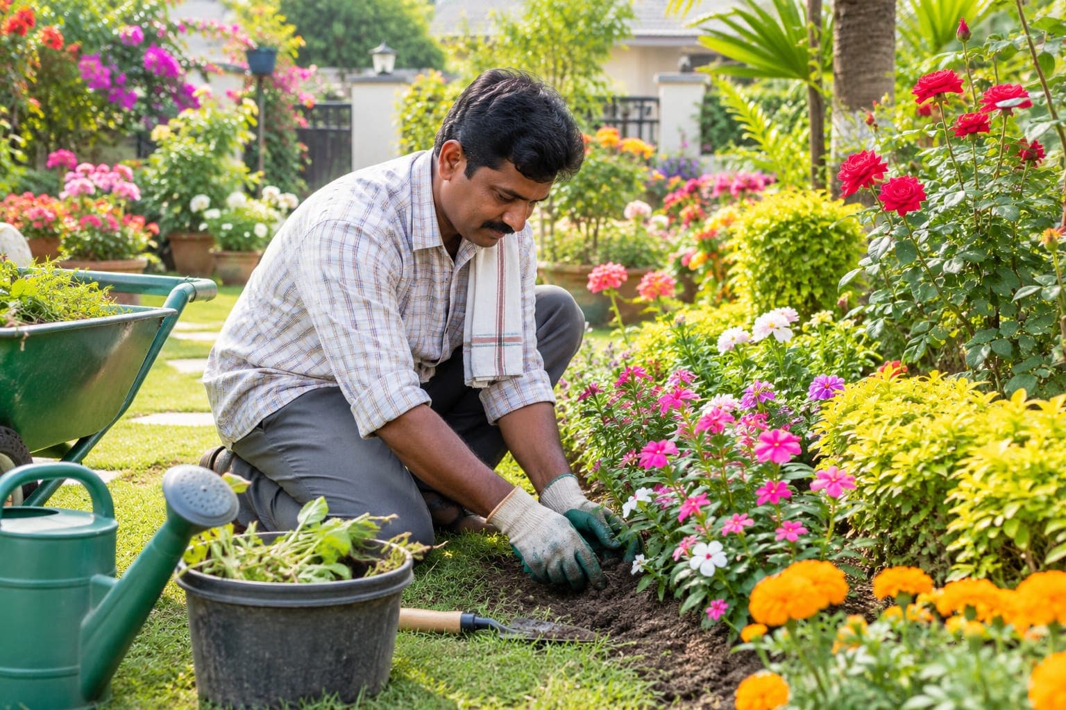 Gardener maintaining flowers and plants in a home garden