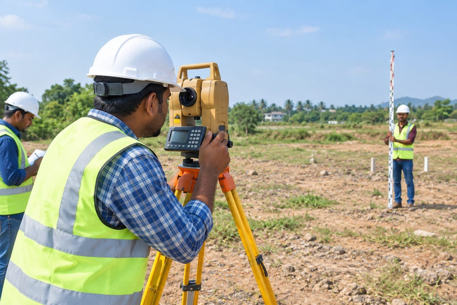 Survey team measuring a vacant land plot during a site visit