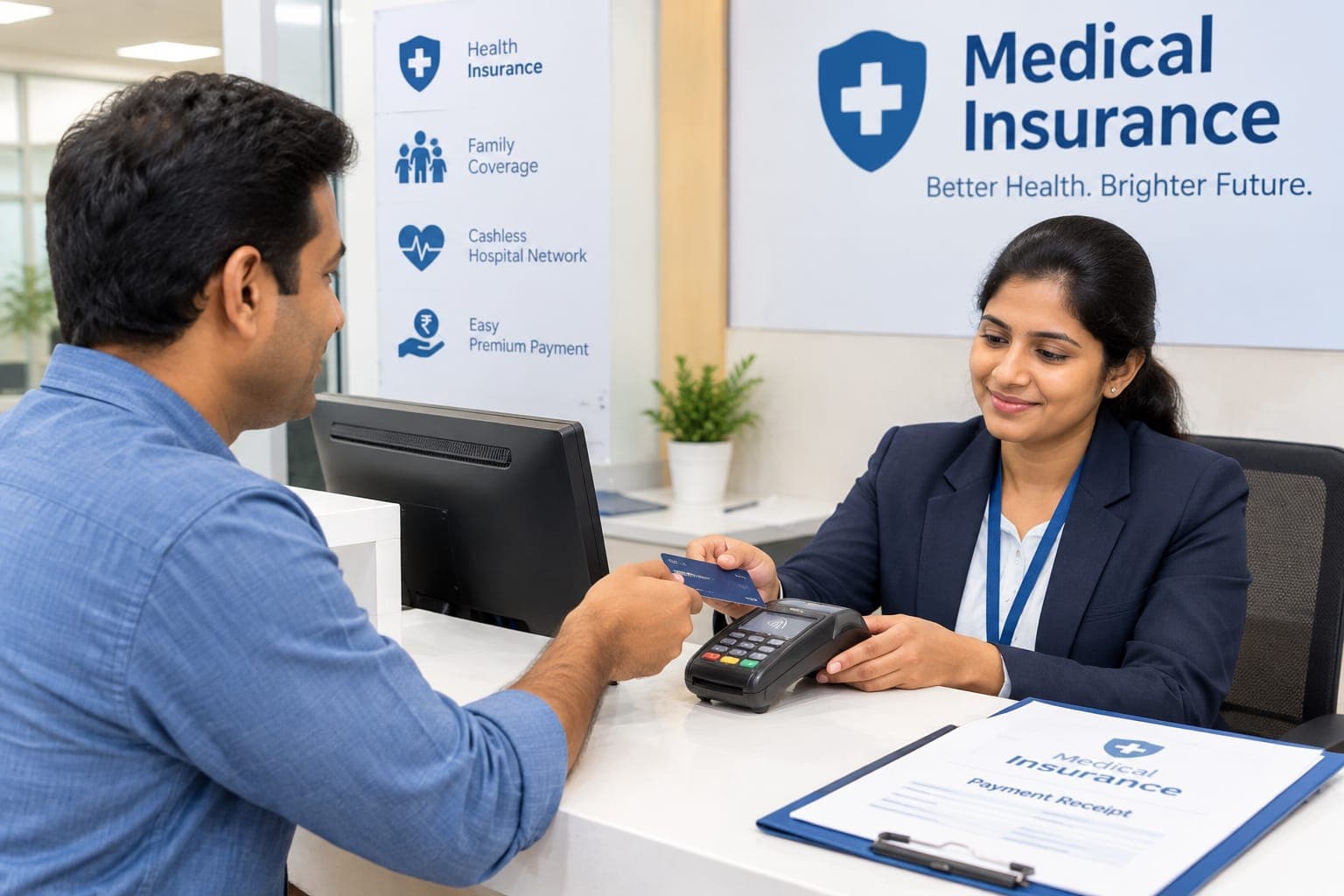 Medical insurance payment at a healthcare service desk