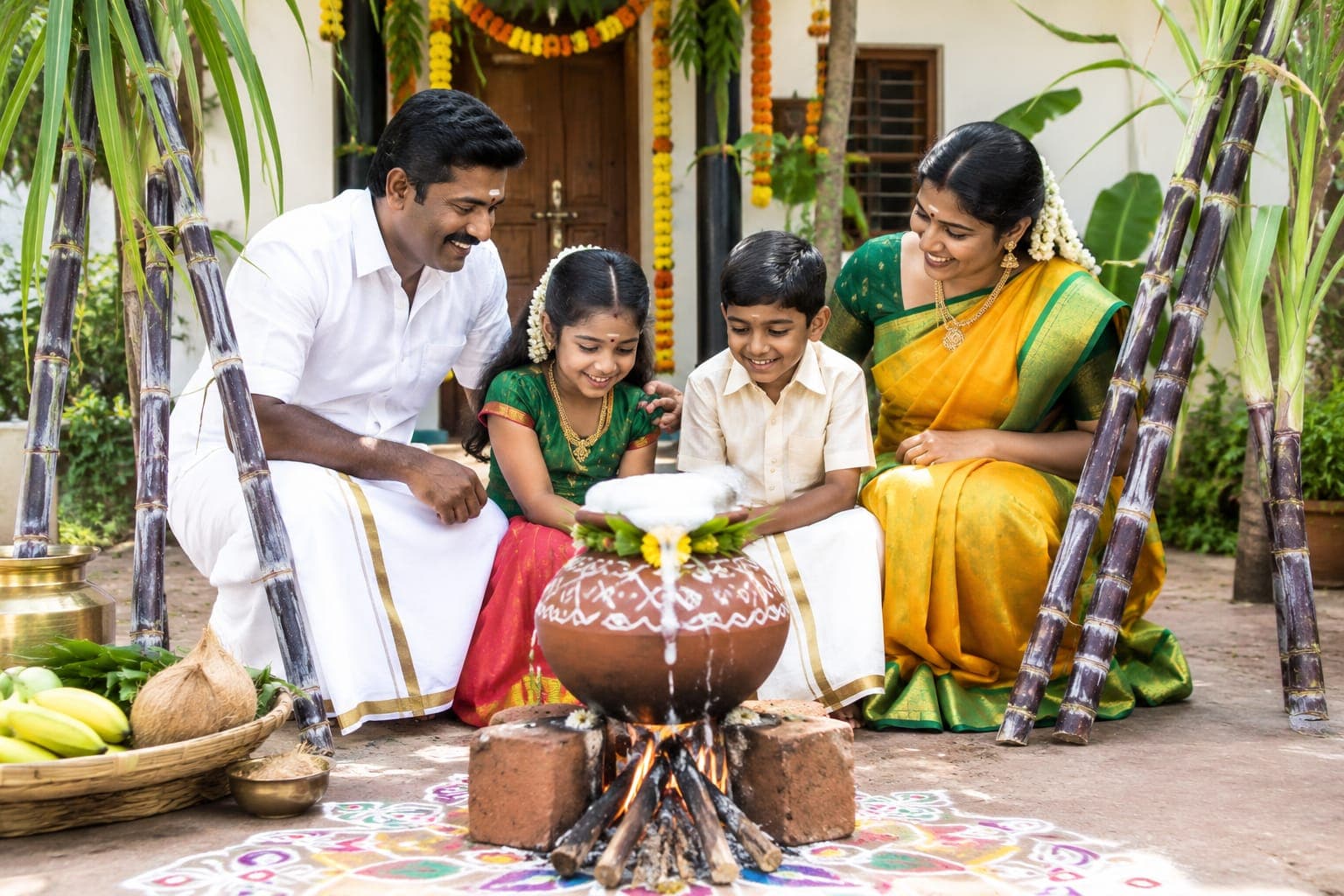 Tamil family celebrating Pongal harvest festival