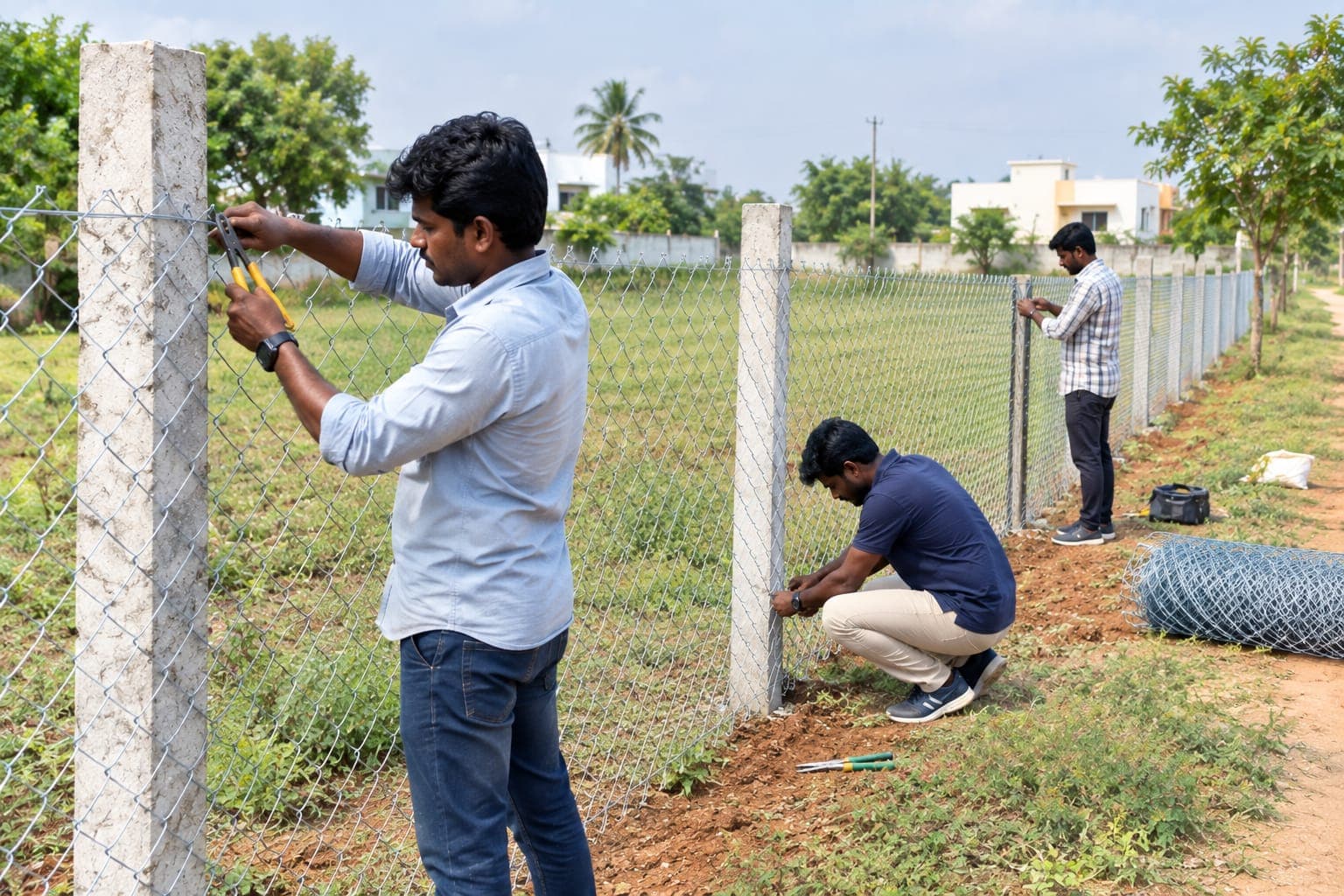 Workers installing chain-link fencing around a property plot